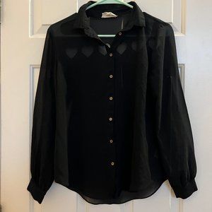 Sheer Black Button-Down with Heart Cutouts